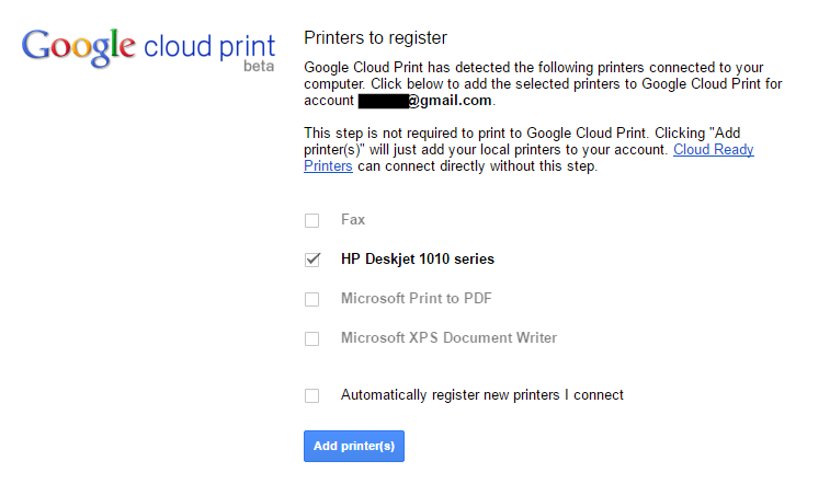 printers to register on google cloud 
