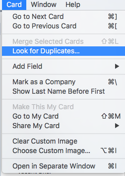 Contacts>Card>Look For Duplicates:Mac