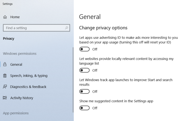 Windows privacy settings