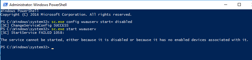 disable windows 10 updating with powershell 