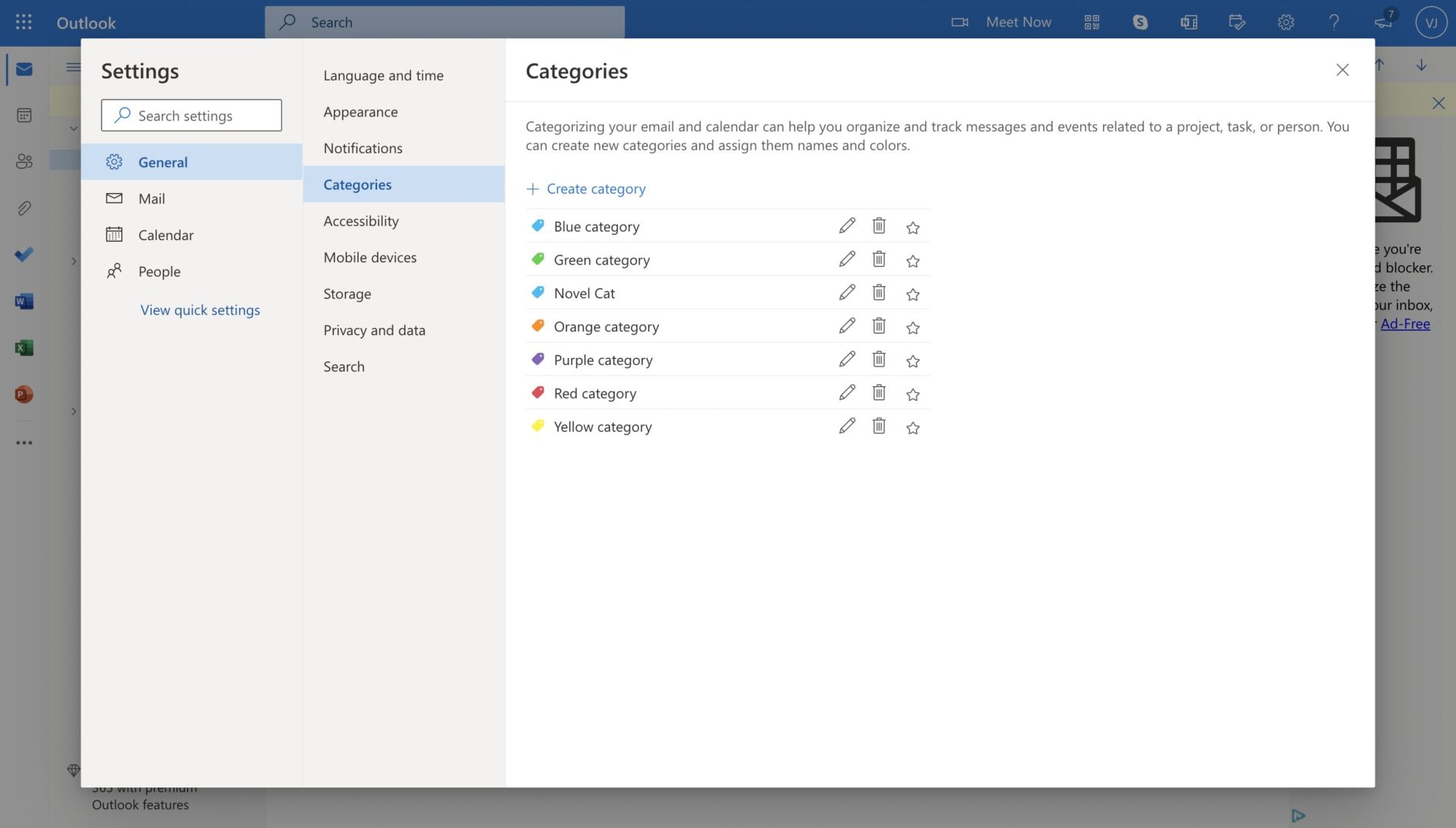 Open Category Settings in Outlook