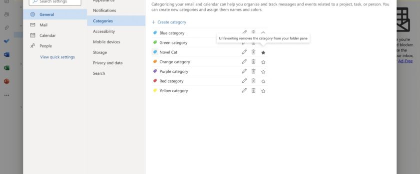 Favourite Category on Outlook to make it visible